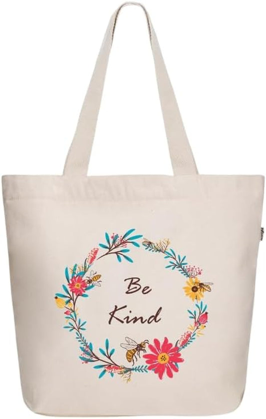 Ecoright Aesthetic Canvas Tote Bag for Women Large Zipper Tote Bags with Pocket, Womens Tote Bag for Yoga, Work, Beach