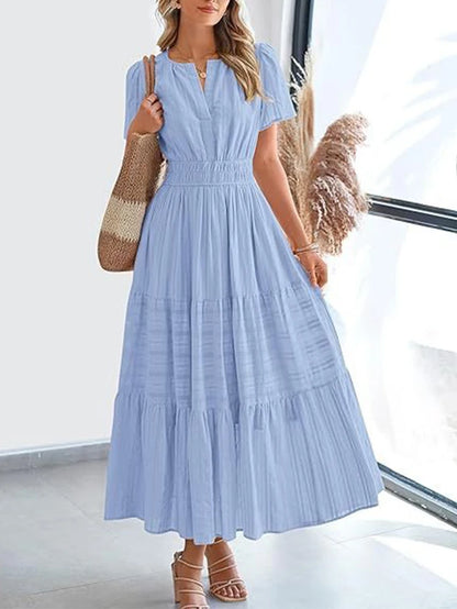 VivaSpring™ Layered Swing Dress – Women's V-Neck, Bubble Sleeves, and Big Swing Design for Effortless Style