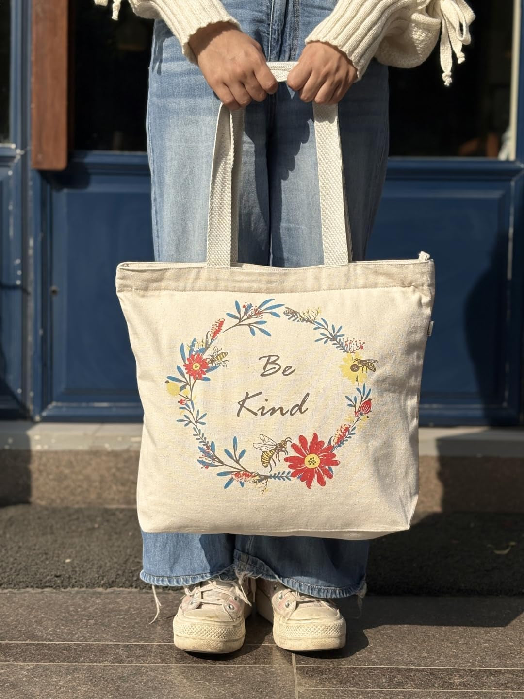 Ecoright Aesthetic Canvas Tote Bag for Women Large Zipper Tote Bags with Pocket, Womens Tote Bag for Yoga, Work, Beach