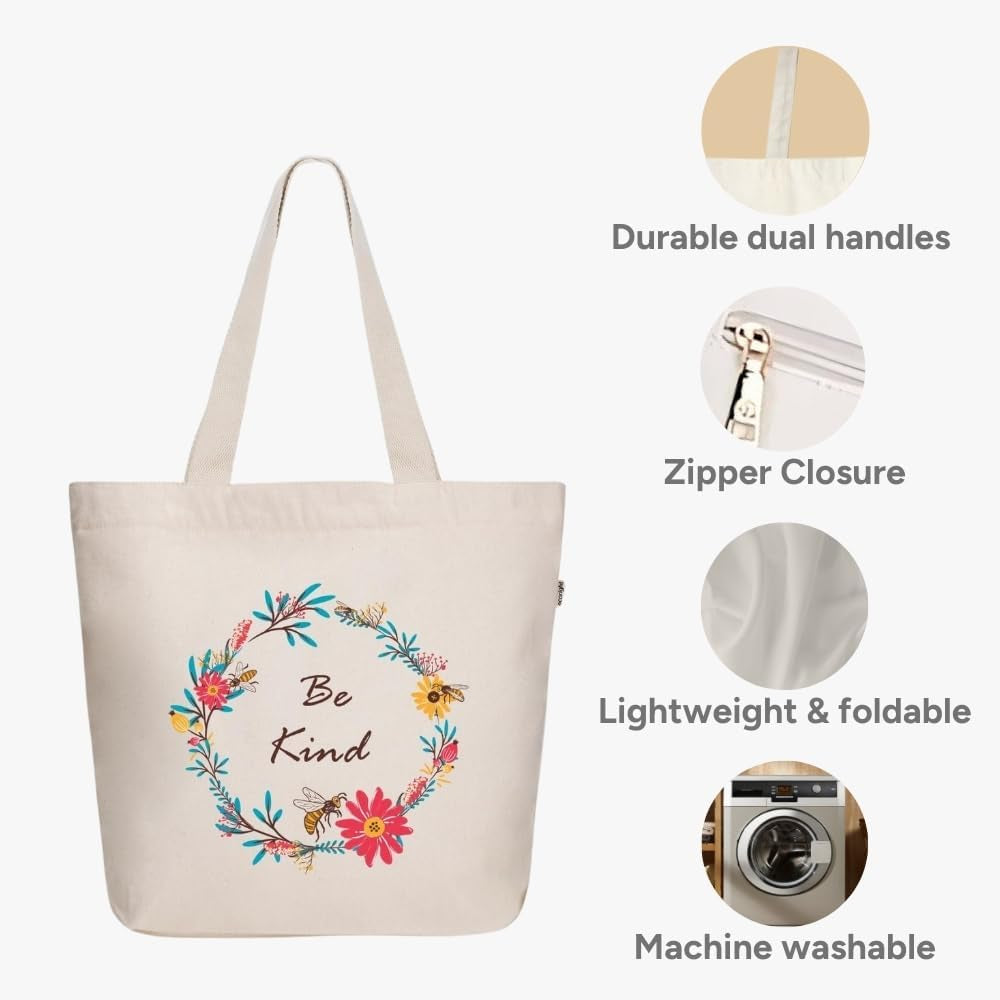 Ecoright Aesthetic Canvas Tote Bag for Women Large Zipper Tote Bags with Pocket, Womens Tote Bag for Yoga, Work, Beach