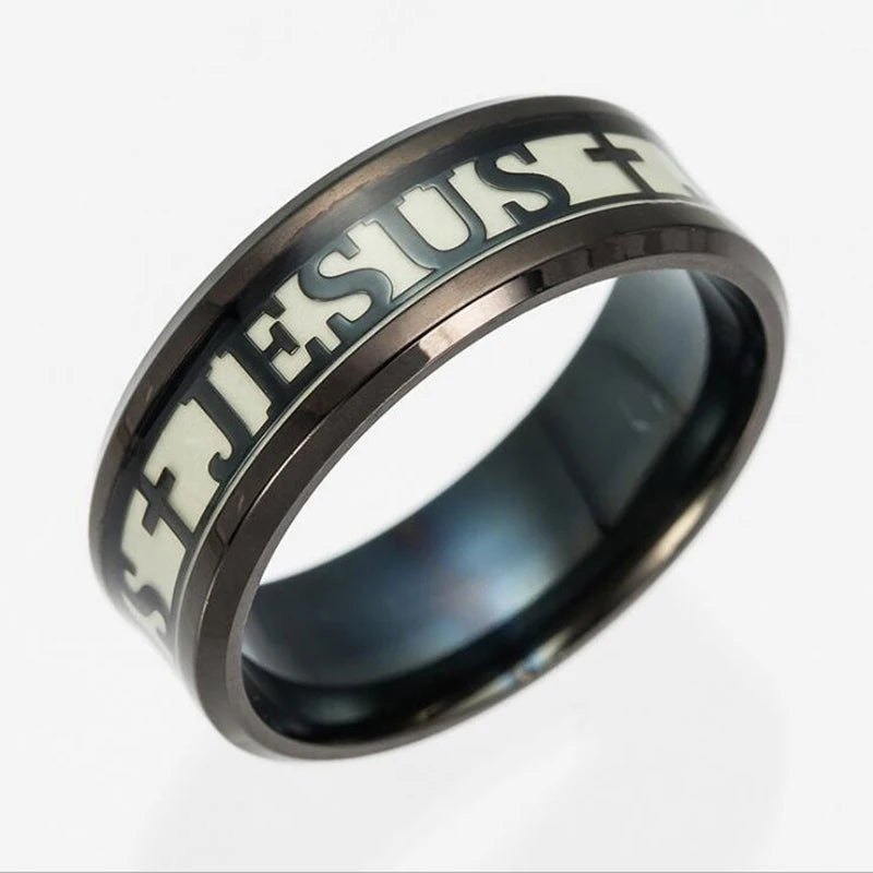 Euramerican Rings for Men Women Jesus Cross Stainless Steel Luminou Glow in Dark Fluorescent Band Ring Wholesale Jewelry