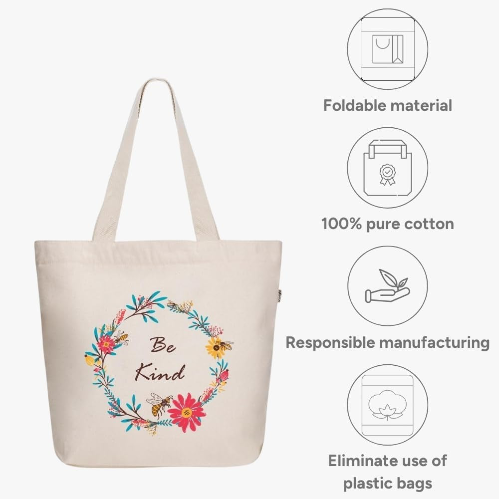 Ecoright Aesthetic Canvas Tote Bag for Women Large Zipper Tote Bags with Pocket, Womens Tote Bag for Yoga, Work, Beach